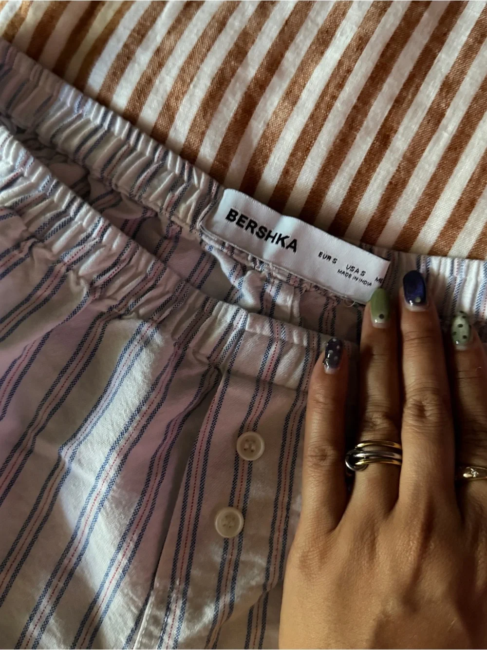 Bershka White & Blue Striped Cotton Sleep Shorts